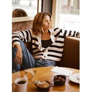Anthropologie Maeve The Greta Polo Cardigan Sweater Black White Striped Small